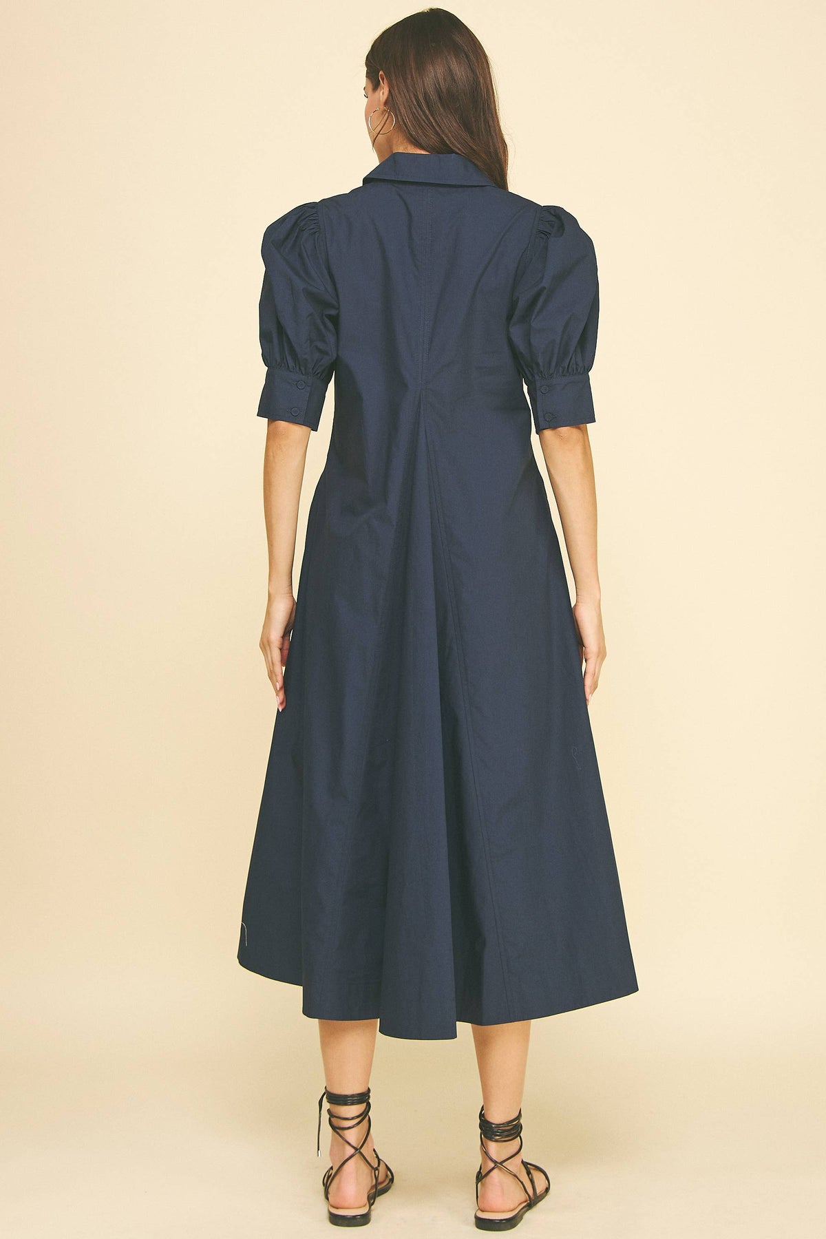 Harriet Navy V-NECK PLEATED A-LINE DRESS