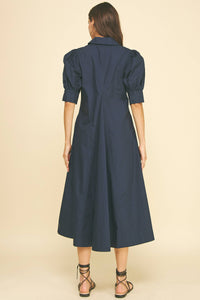 Harriet Navy V-NECK PLEATED A-LINE DRESS