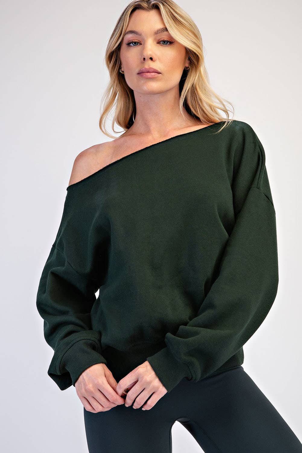 FRENCH TERRY FLEECE OFF SHOULDER TOP: Peach Pink / S-M-L(2-2-2)