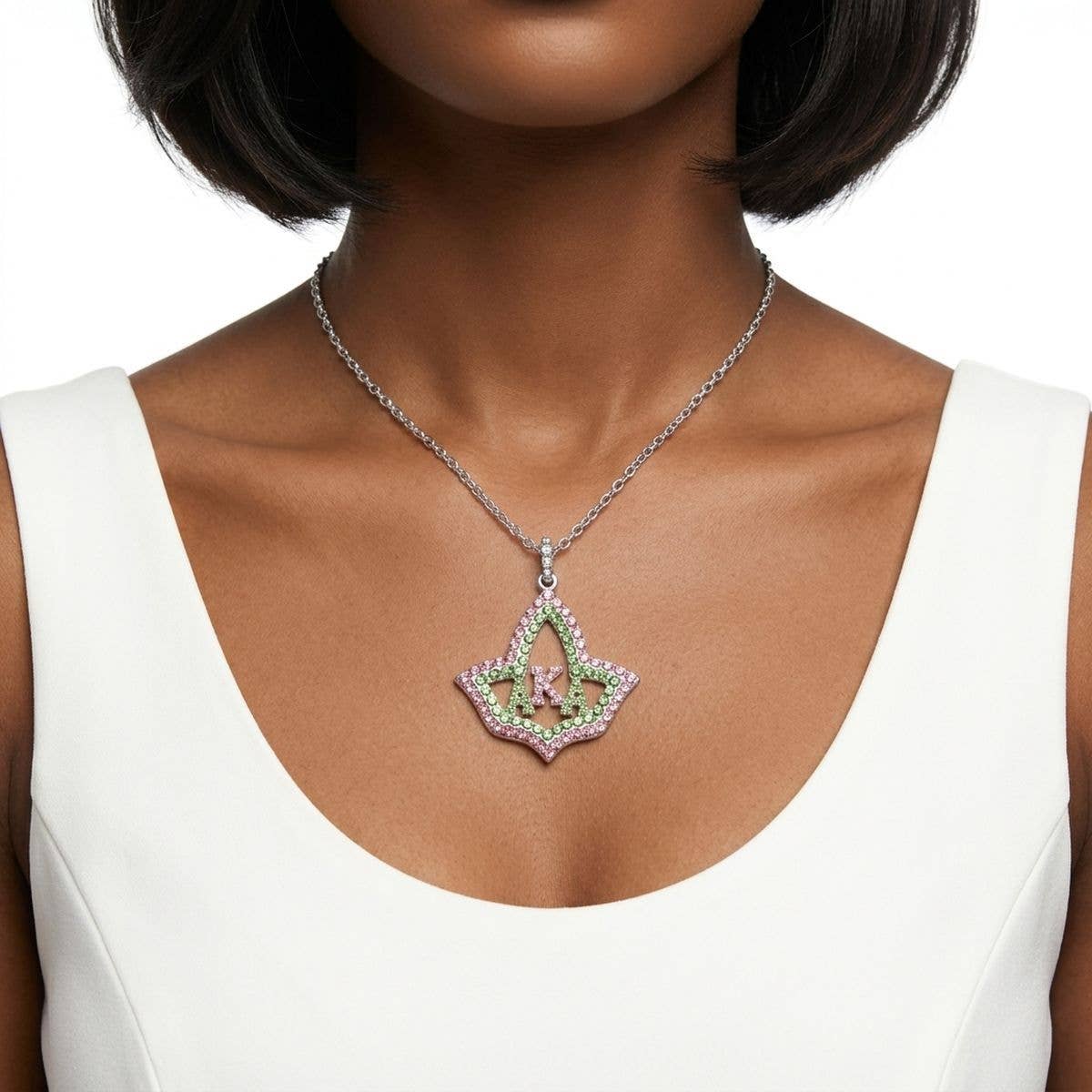AKA Ivy Leaf Rhinestone Pendant Chain Necklace: Pink and Green / Rhodium / 16 + 3 inches