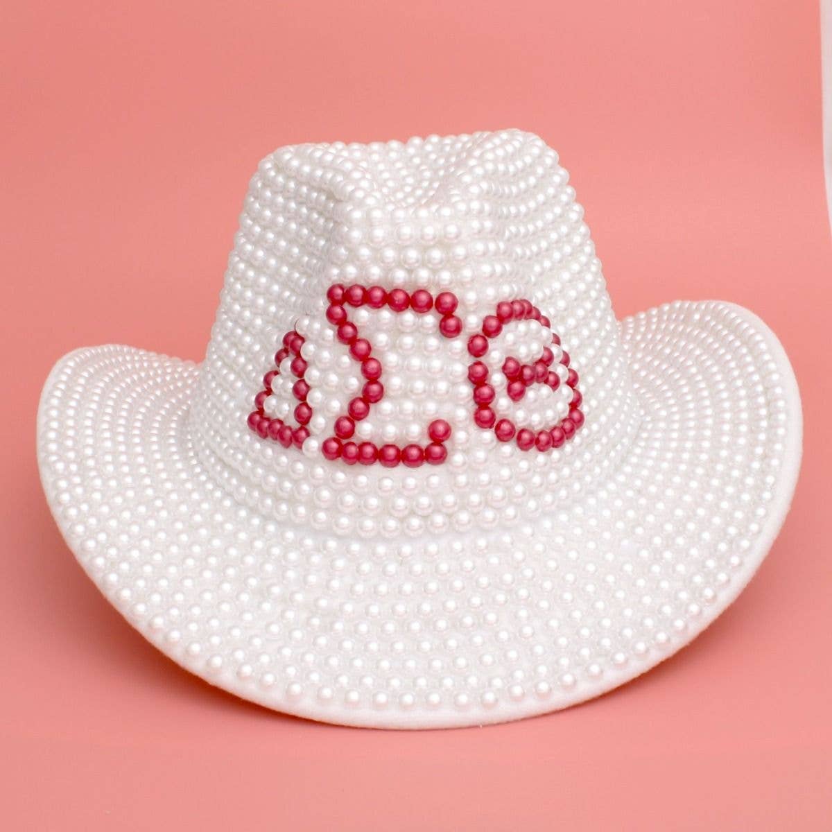 DST Sorority White and Red Pearl Fedora Hat Women\