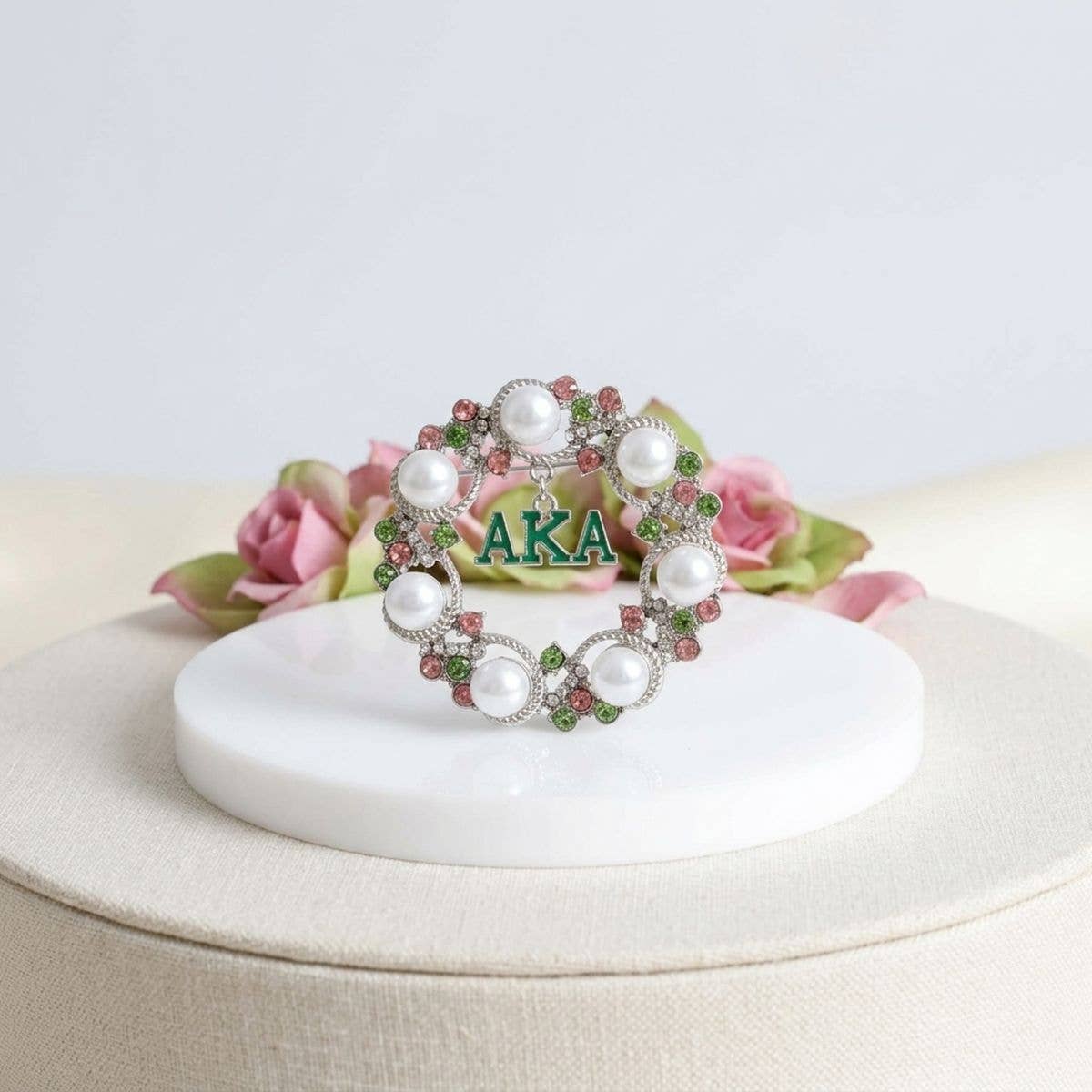 AKA White Pearl and Rhinestone Wreath Brooch Pin: Pink and Green / Rhodium / 2.15 inches