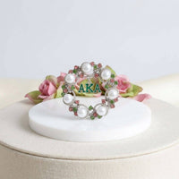AKA White Pearl and Rhinestone Wreath Brooch Pin: Pink and Green / Rhodium / 2.15 inches