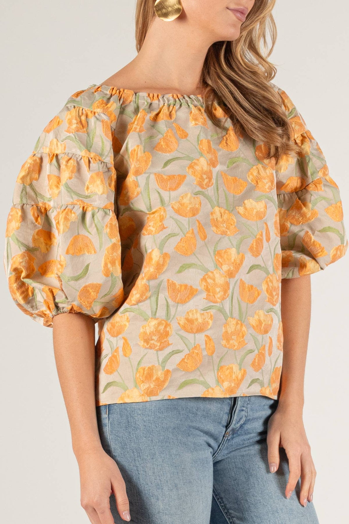 Tulip Jacquard Puff Sleeve Off Shoulder Top: Tangerine Multi