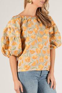 Tulip Jacquard Puff Sleeve Off Shoulder Top: Tangerine Multi