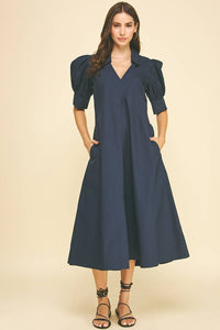 Harriet Navy V-NECK PLEATED A-LINE DRESS
