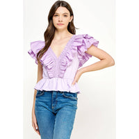 Riley Ruffled Poplin Detail Knit Top: Lilac or Off White