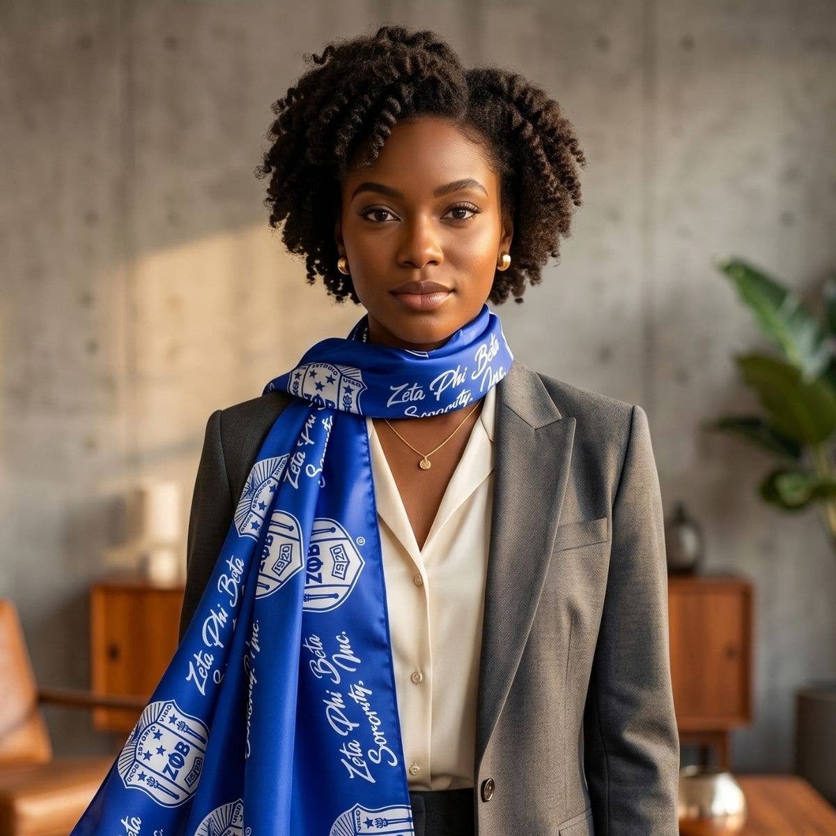 ZPB Long Blue and White Shield Rectangle Scarf: Color: Blue / Plating: Multi Tone / Size: 64 x 16 inches
