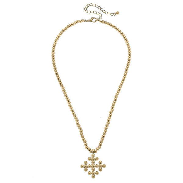 Wren Cross Ball Bead Necklace  or Earrings in Worn Gold