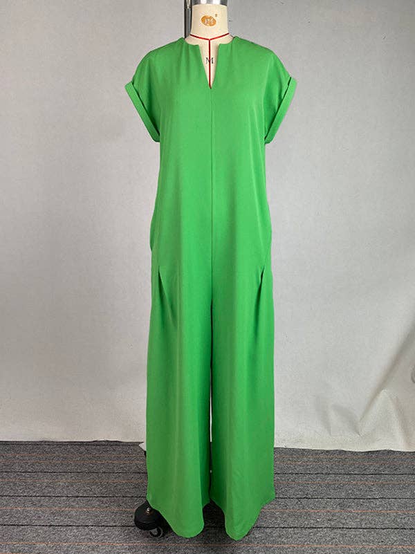 High Waisted Loose Pleated Pockets Solid Color V-Neck Jumpsuits: GREEN / S