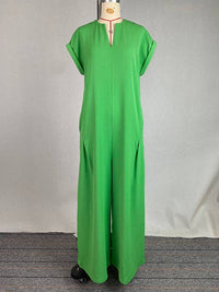 High Waisted Loose Pleated Pockets Solid Color V-Neck Jumpsuits: GREEN / S