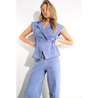 ATHENA STRETCH COLLARED TOP AND PANTS SET in DENIM