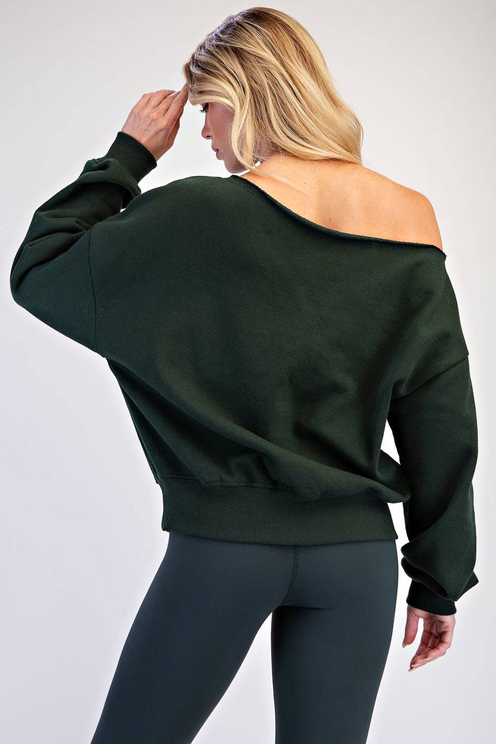 FRENCH TERRY FLEECE OFF SHOULDER TOP: Peach Pink / S-M-L(2-2-2)