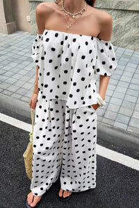 CWSTB01204_CASUAL POLKA DOT OFF-SHOULDER TOP AND PANTS SET: WHITE / (M) 1
