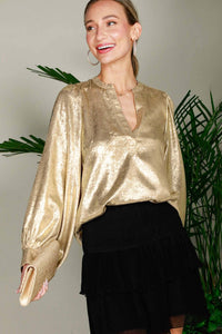 Henley Neck Long Balloon Sleeve Metallic Blouse Top  Metallic Gold