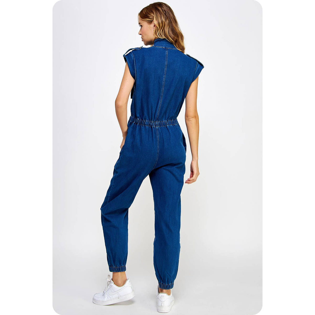 Kyra High Neck Sleeveless Denim Jumpsuit: Denim and Black Denim