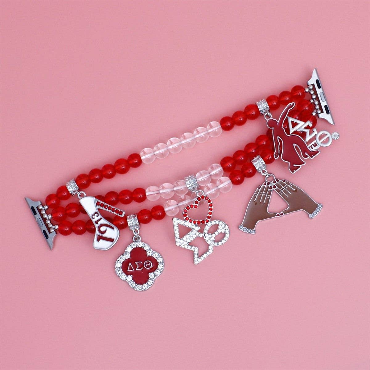 Delta Sigma Theta Sorority Red Clear Glass Bead Charm Watch Band