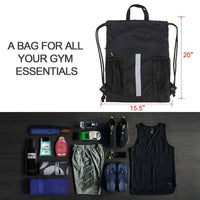 Drawstring Bag with Water Bottle Holder and Pockets Gym Bag: Black