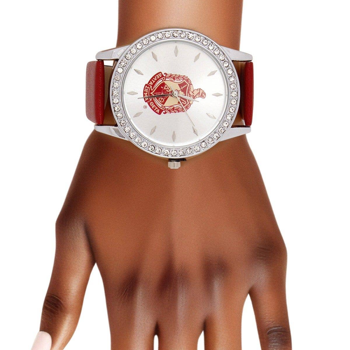 DST Red Leather Silver Sun Cut Dial Watch Women: Color: Red / Plating: Rhodium / Size: Adjustable