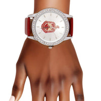 DST Red Leather Silver Sun Cut Dial Watch Women: Color: Red / Plating: Rhodium / Size: Adjustable