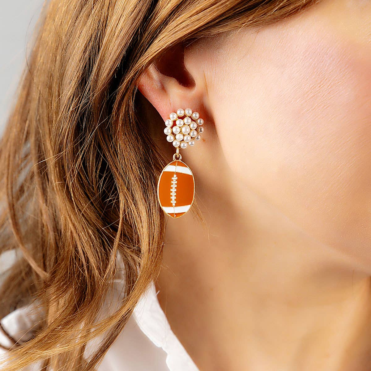 Football Pearl Cluster Enamel Drop GAME DAY Earrings in Brown