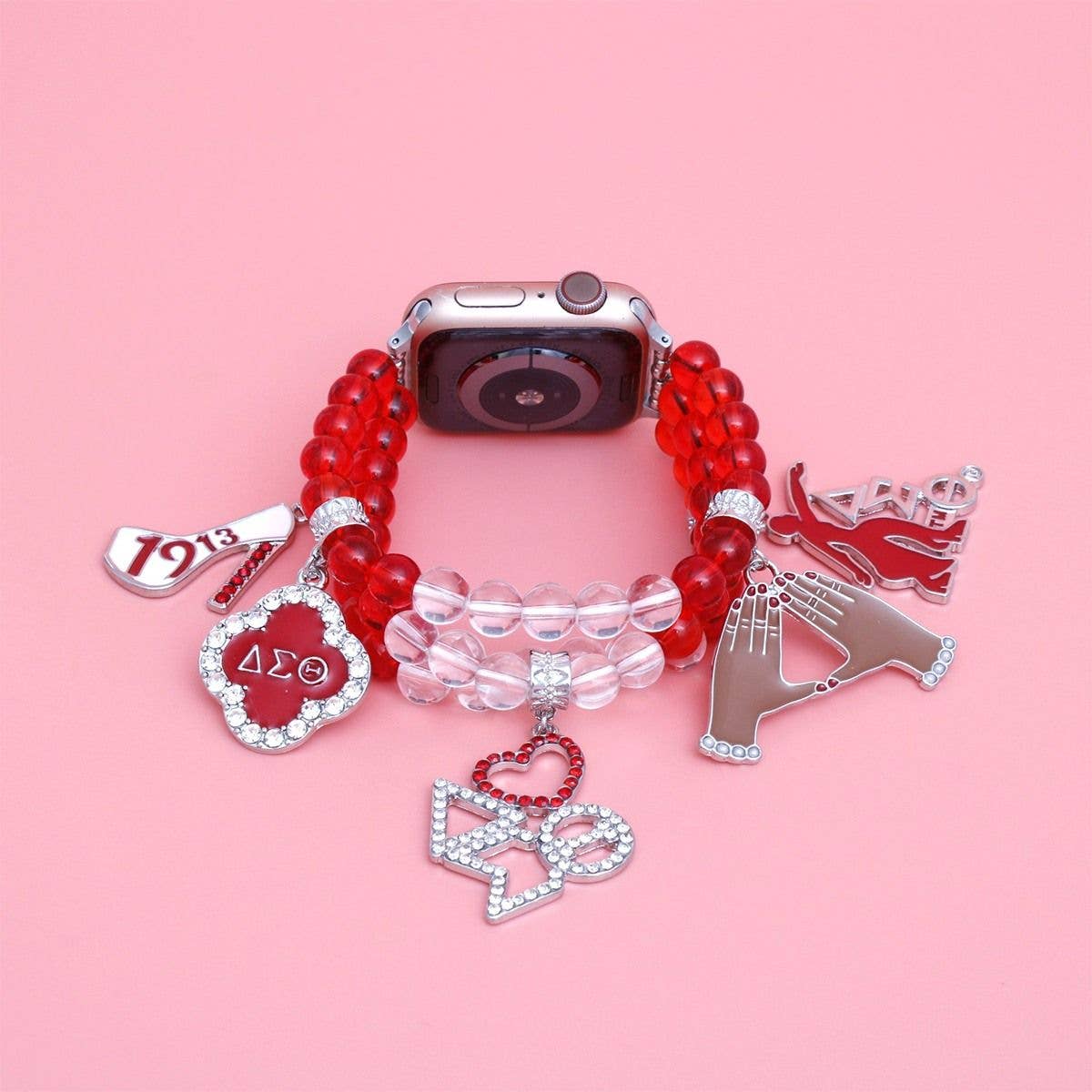 Delta Sigma Theta Sorority Red Clear Glass Bead Charm Watch Band