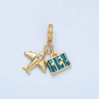 24K Gold Filled Airplane Suitcase Micro Paved CZ Rhondelle Bail Drop Travel Pendant | E362