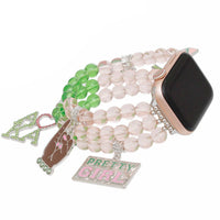 AKA Sorority Pink Green Glass Watch Band for Women: Pink and Green / Rhodium / Stretch to Fit