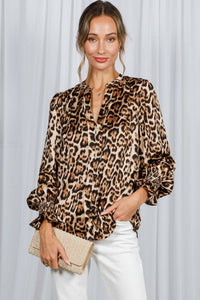 Henley Neck Elastic Smocked Leopard Print Blouse VT31377T: Brown / L