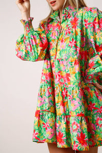 Floral Print Poplin Shirt Dress - GREEN MULTI
