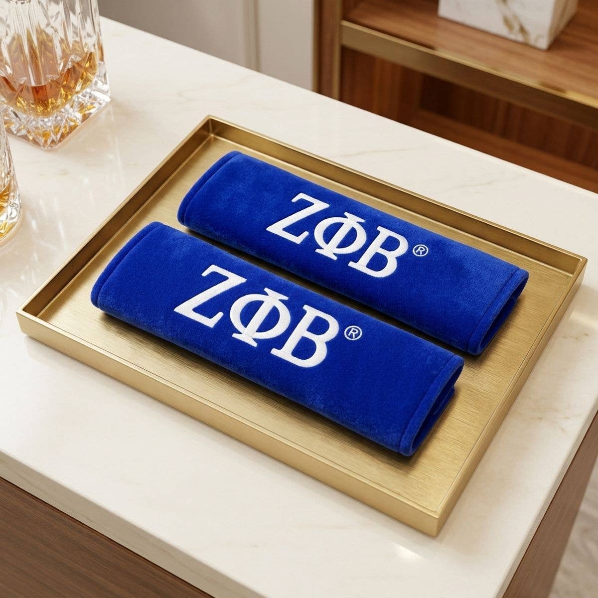 Zeta Phi Beta Blue Seat Belt Cover Set: Blue and White / Multi Tone / 9.5 x 2.5 inches