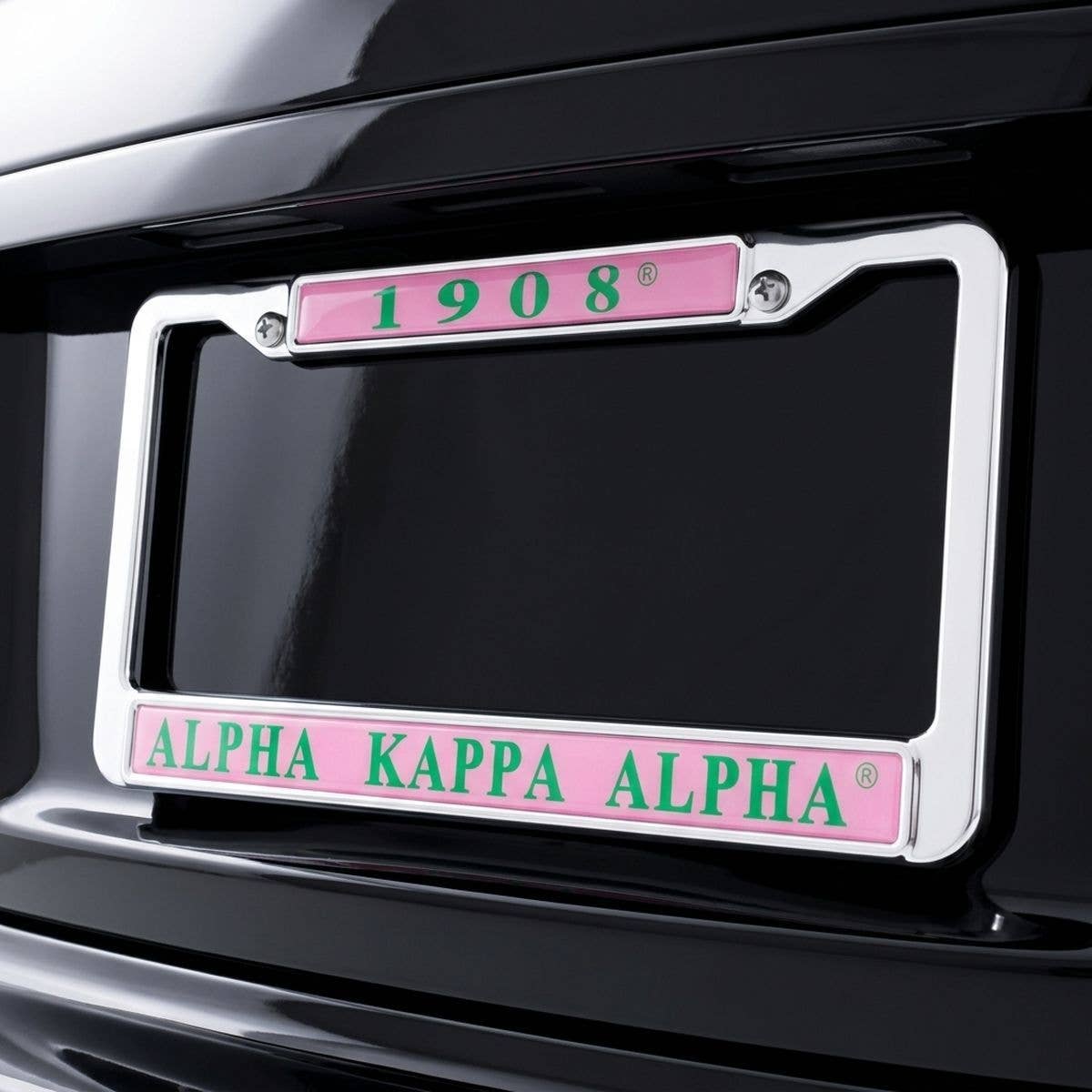 Alpha Kappa Alpha 1908 License Plate Frame: Pink and Green / Rhodium / 6.25 x 12.25 inches