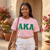 AKA Embroidered Patch L T-Shirt Sorority Apparel: Pink and Green / Multi Tone / Large