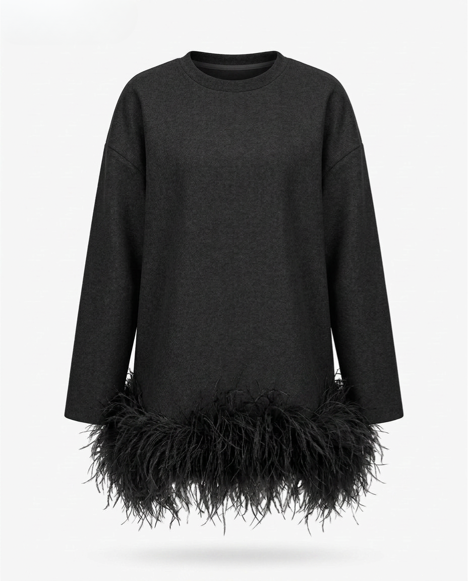 Audacious Feather Trim Sweatshirt: Black / One Size