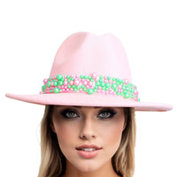 AKA Sorority Pink Fedora Pearl Band Hat for Women: Pink and Green / Multi Tone / One size