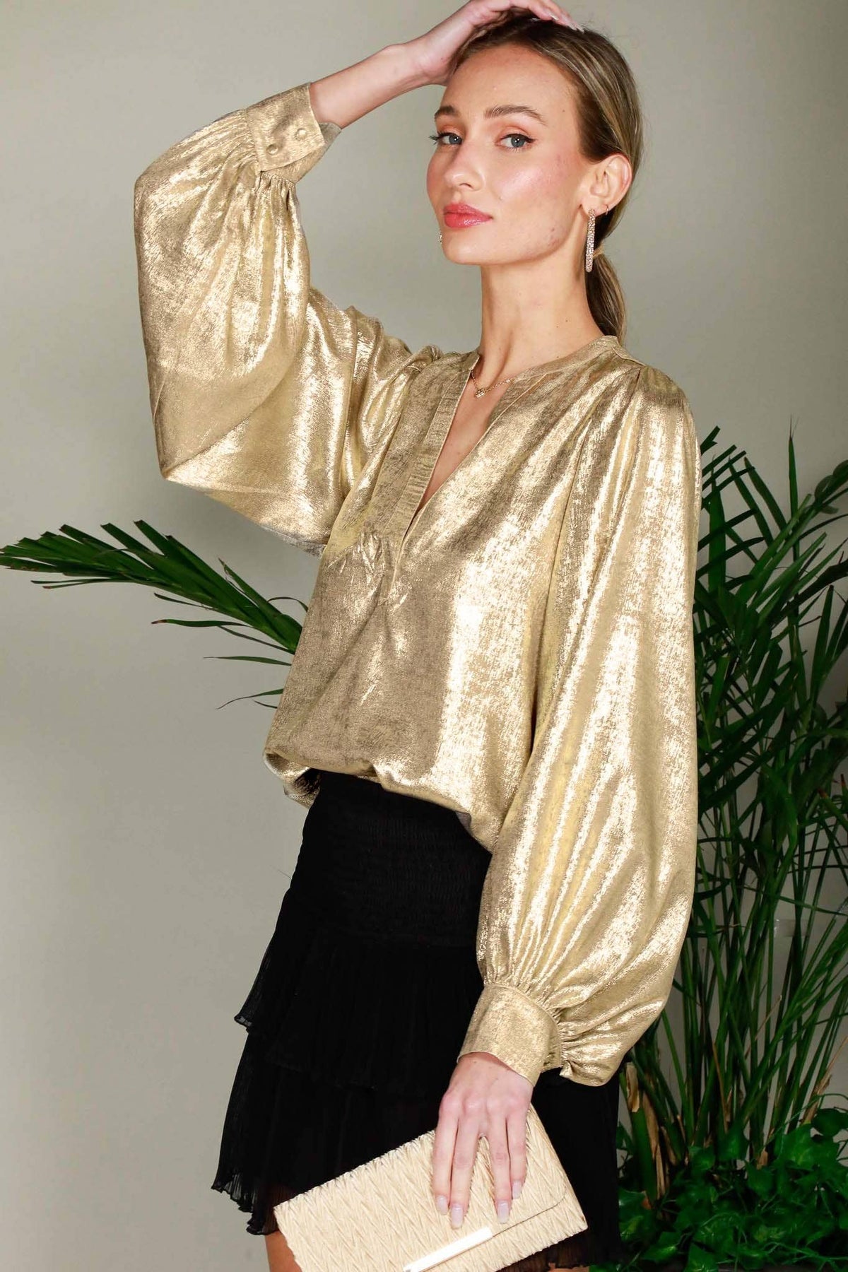 Henley Neck Long Balloon Sleeve Metallic Blouse Top  Metallic Gold