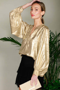 Henley Neck Long Balloon Sleeve Metallic Blouse Top  Metallic Gold