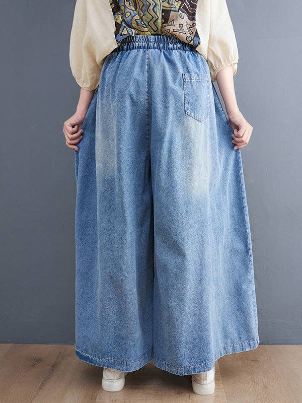 Kennedy Simple Casual Loose Wide Leg Drawstring Jean Pants