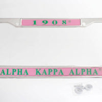 Alpha Kappa Alpha 1908 License Plate Frame: Pink and Green / Rhodium / 6.25 x 12.25 inches