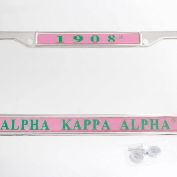 Alpha Kappa Alpha 1908 License Plate Frame: Pink and Green / Rhodium / 6.25 x 12.25 inches