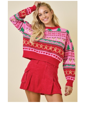 Holly Christmas Motif Patterned Knit Sweater Top