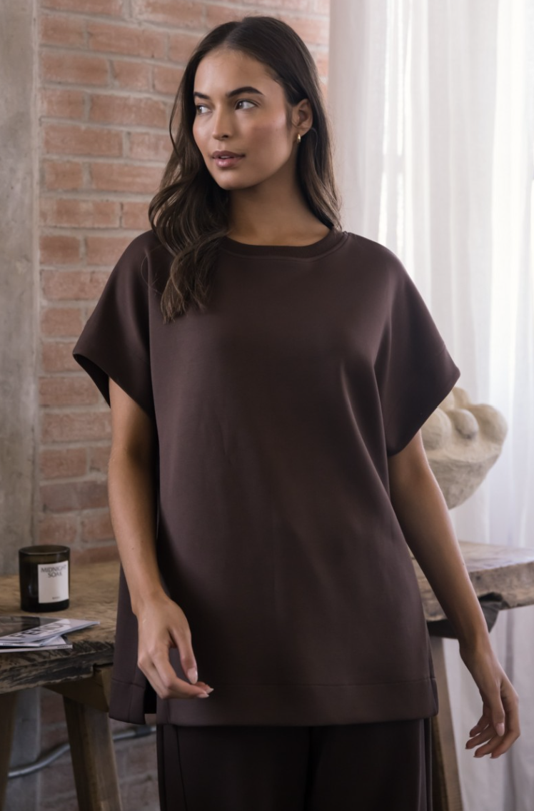 P. CILL Butter Modal Contrast Rib Short Sleeve Tunic Top