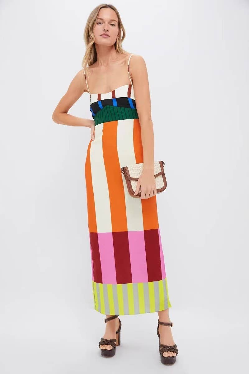 CWDMD6031_STRIPED COLORBLOCK SLIM FIT SLIT CAMI DRESS: MULTICOLOR / (S) 1
