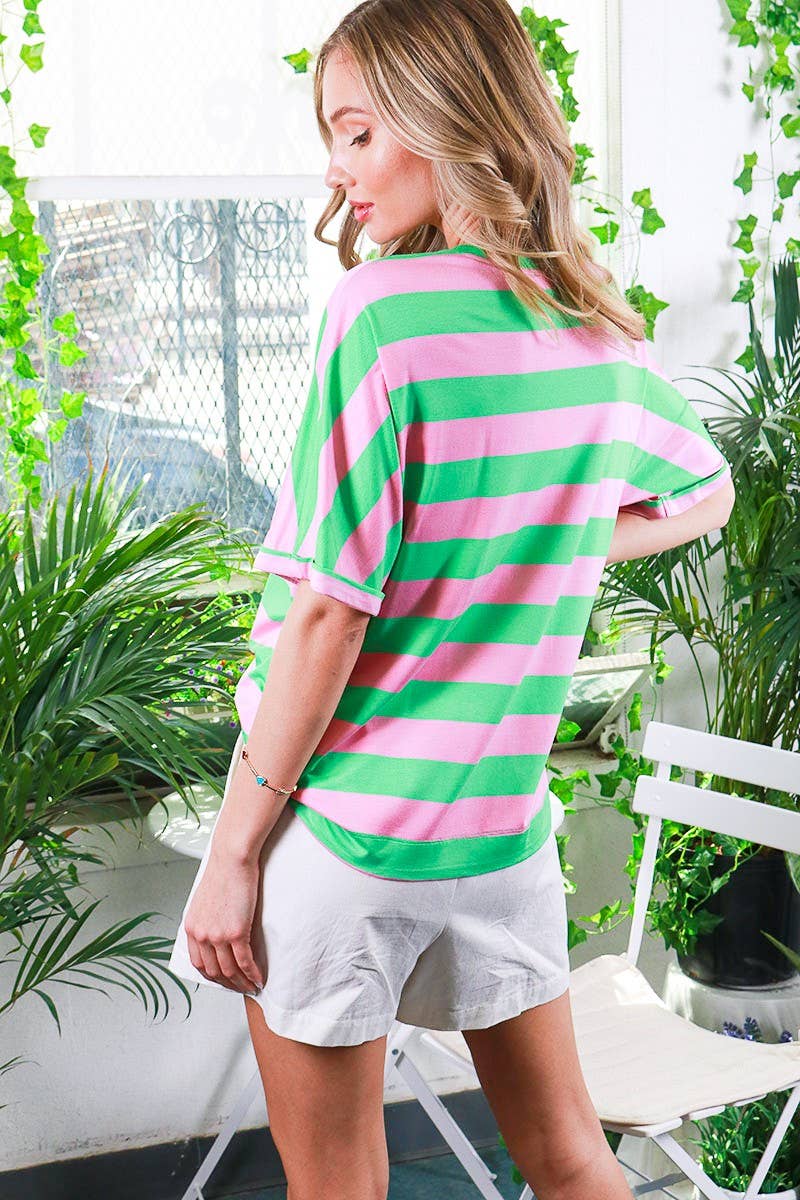 Alexandria Crew Neck Roll-Up Short-Sleeve Pink & Green Stripe Top