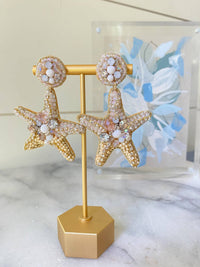 Gold Starfish Crystal Beaded Statement Earrings