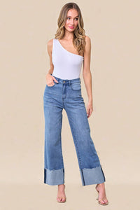 STRAIGHT LEG BOYFRIEND FIT CUFFED JEANS -LT DENIM