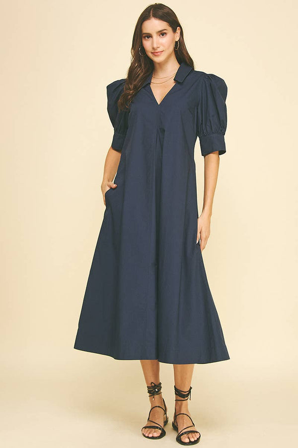 Harriet Navy V-NECK PLEATED A-LINE DRESS