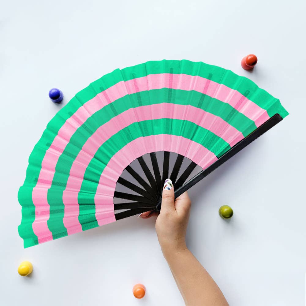 Color Block Striped Folding Line Dance Hand Fan: Red & White or Pink & Green