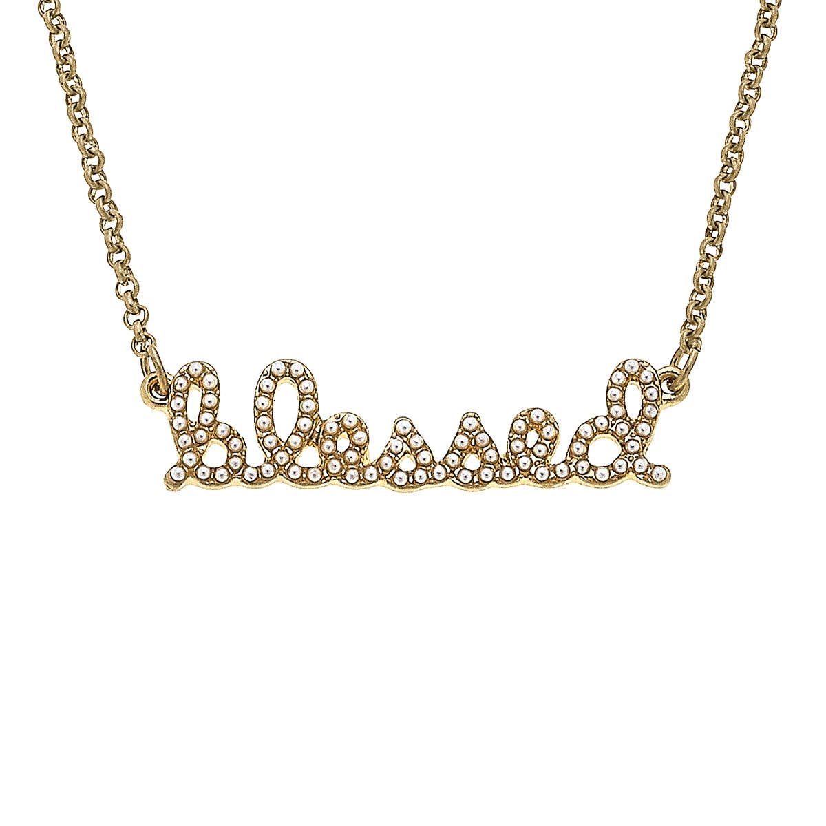 Pearl Studded Script Necklace in Worn Gold: Blessed, Loved, Mama, Faith