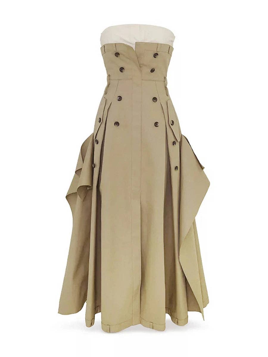 Audacious Strapless Belted Maxi Dress: KHAKI / S